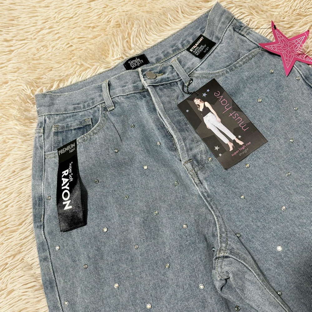 NEW Simple Society Jeans Straight high rise Butterfly Button Size 5/27 - Picture 2 of 6
